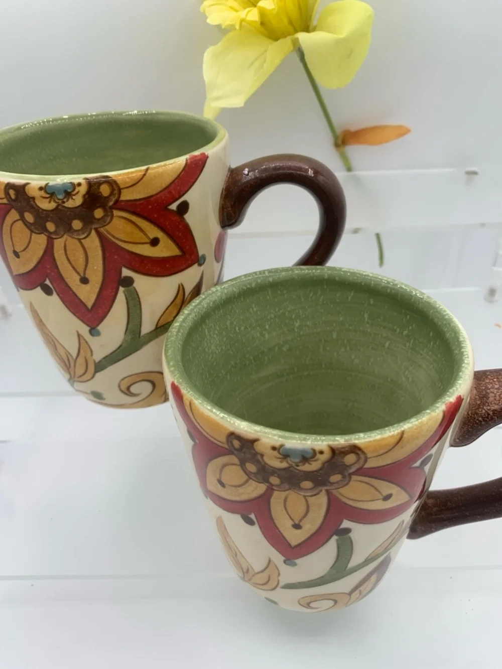 Set/2 Pier 1 Imports Carynthum Hand Painted Sturdy Earthenware Coffee Mugs 14oz